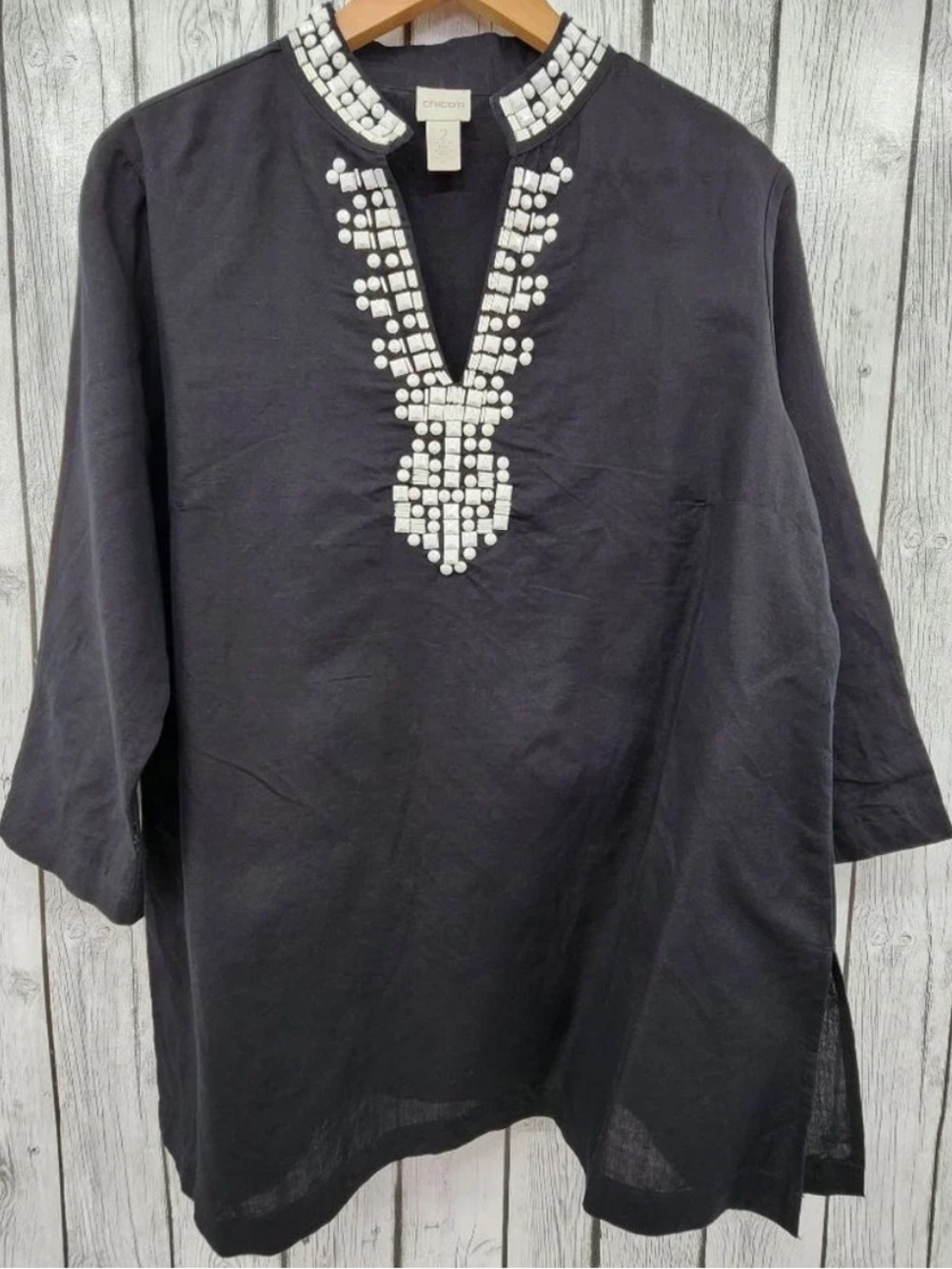 Chicos Linen/Cotton Tunic Beaded Blouse XL NWT